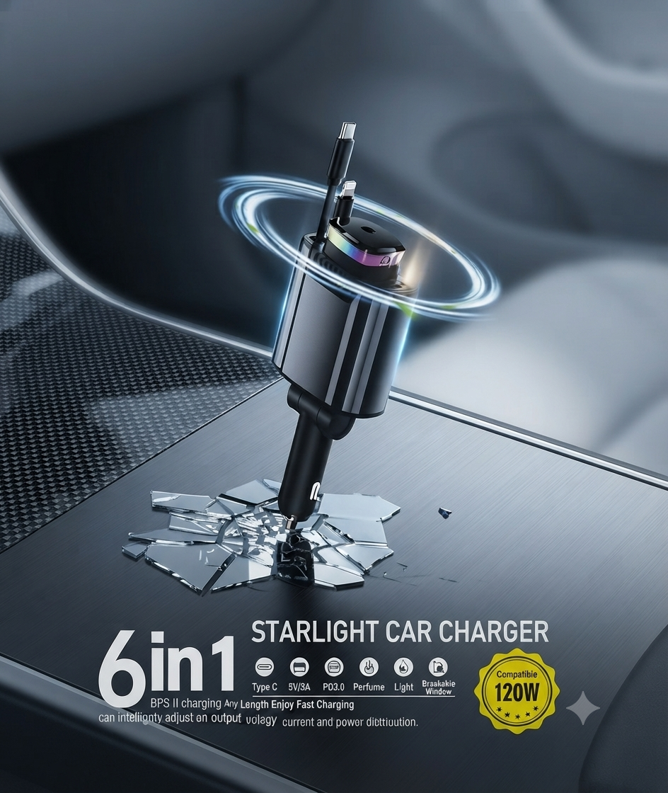Cargador de Auto Multifuncional Starlight 6 en 1 – Potencia de 120W