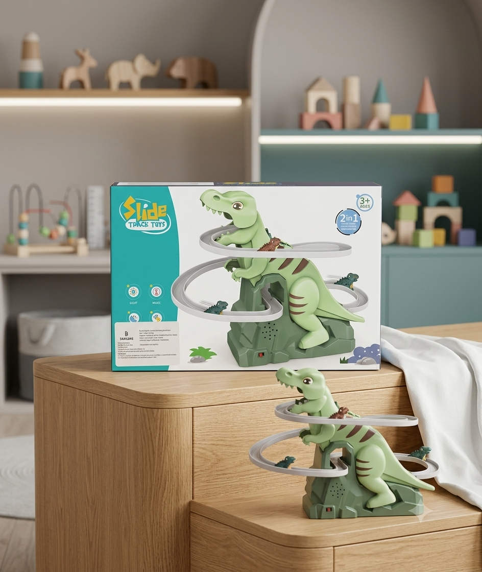 Pista de Carreras Eléctrica con Escalera de Dinosaurios