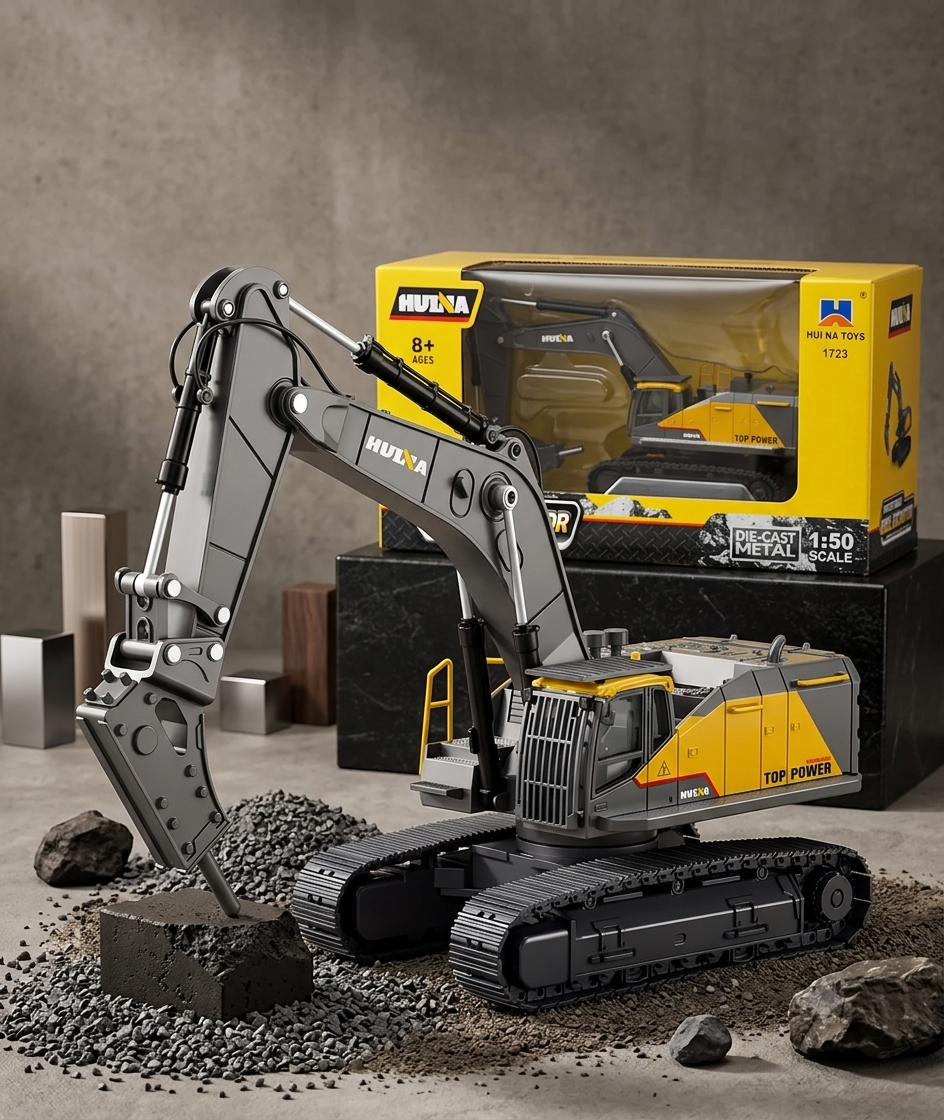 Excavadora de Construcción a Escala 1:50 en Metal Cabina Giratoria y Brazos Articulados