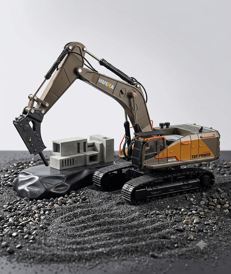 Excavadora de Construcción a Escala 1:50 en Metal Cabina Giratoria y Brazos Articulados