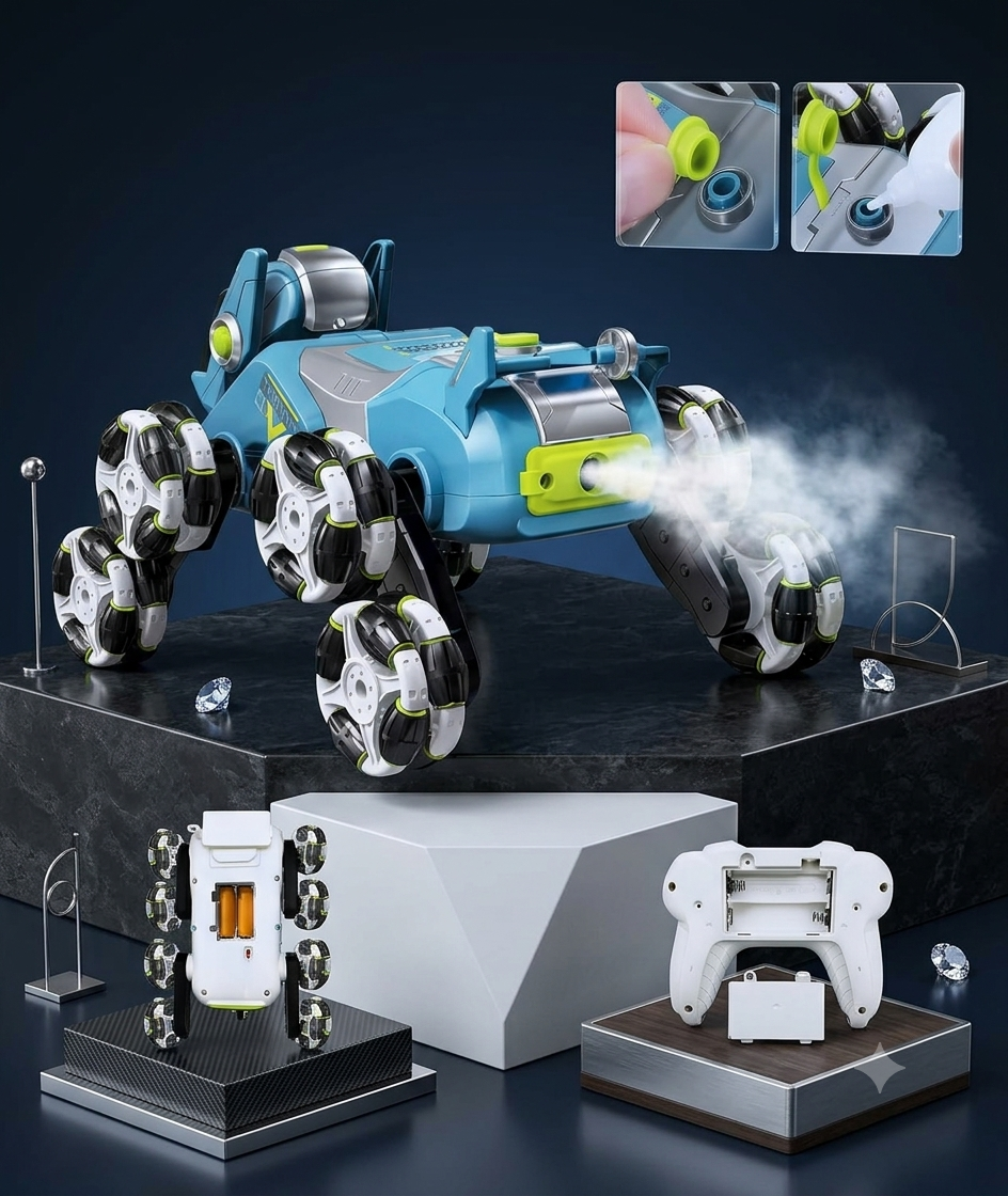 Perro Robot Giratorio, Efecto de Spray y Luces de 2.4 GHz