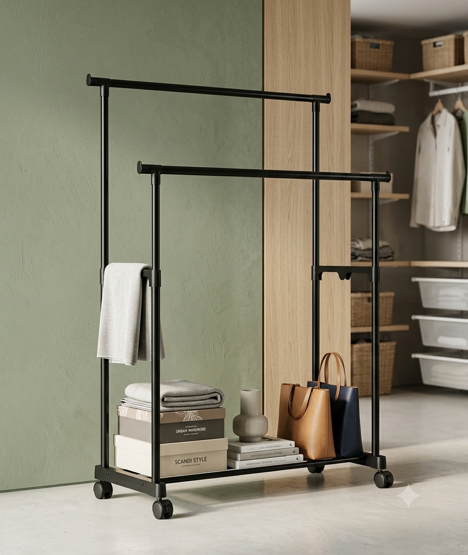 Perchero Organizador de Ropa con Doble Varilla y Ruedas