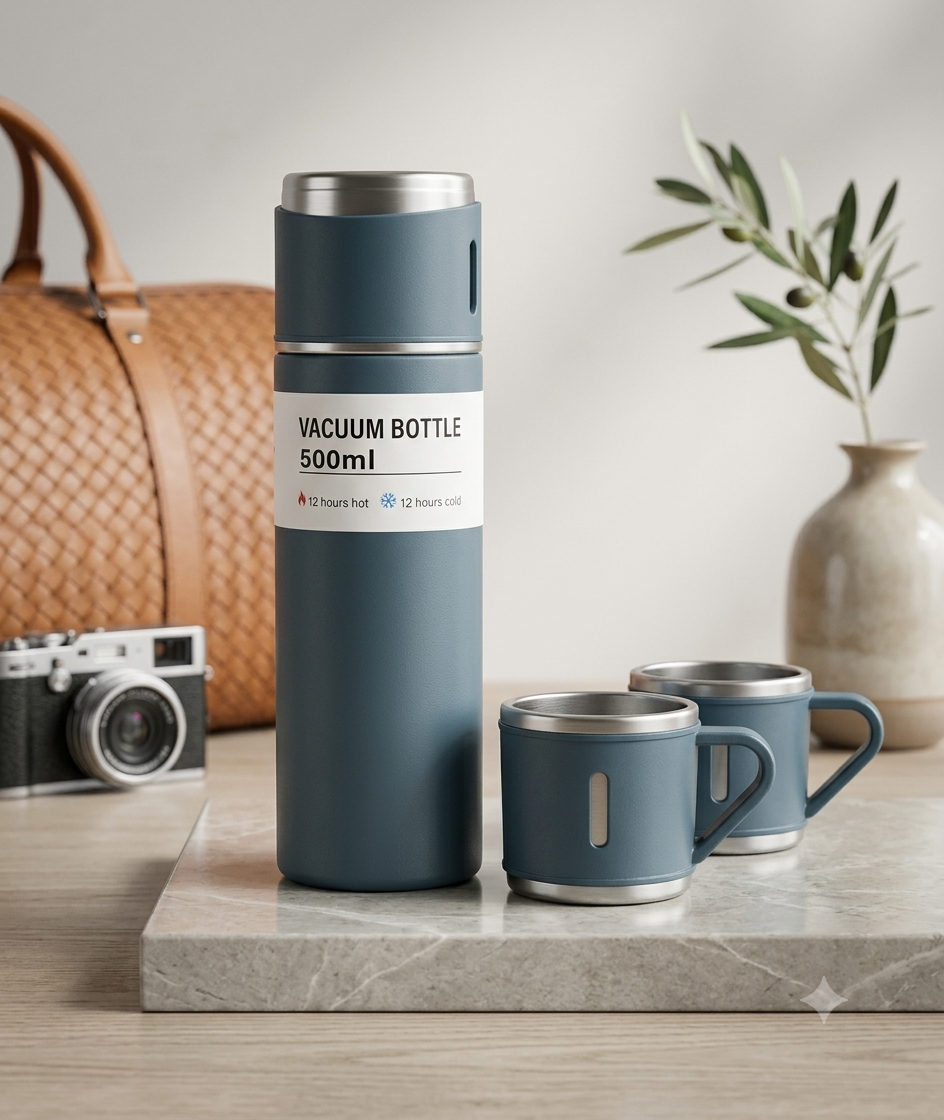 Termo de Acero Inoxidable con 3 Tazas Multiusos